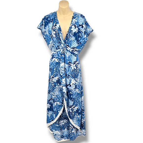 NEW America & Beyond Blue Pineapple Floral Crochet Lace Trim Maxi Dress Cover Up - Picture 1 of 12